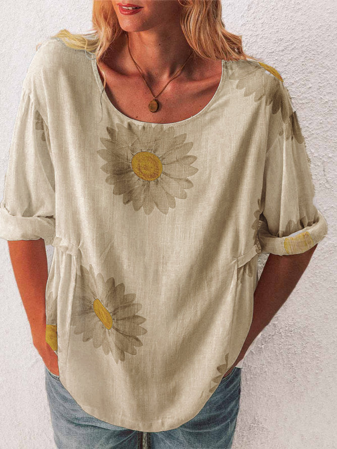 Mid-sleeved Chrysanthemum Cotton And Linen Printed T-shirt Women's Clothing - Enfance-Heureuse