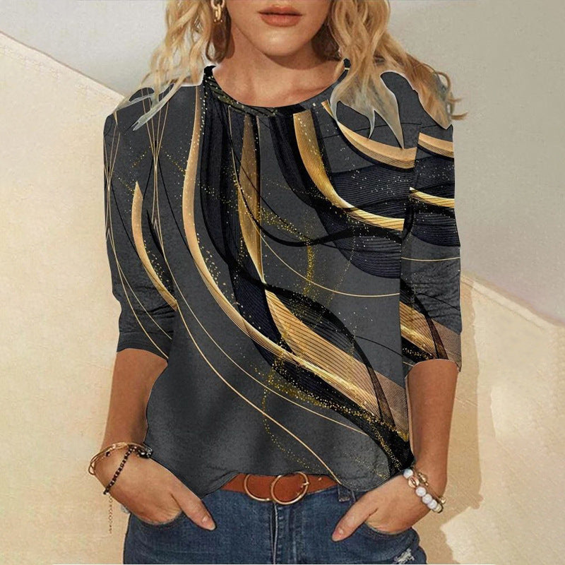 Women's Round Neck Abstract Printed Loose Long Sleeves - Enfance-Heureuse