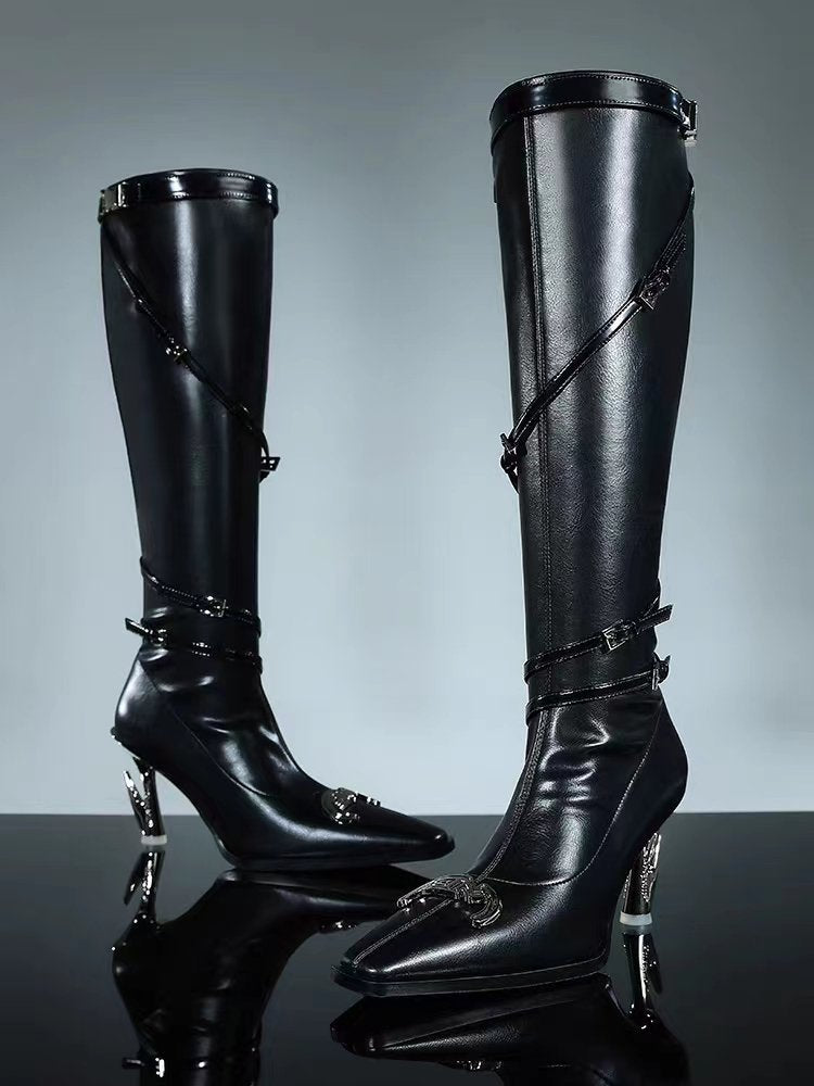 European And American New Pointed Toe Stiletto Heel Metal Rivet Motorcycle Catwalk Women's Boots - Enfance-Heureuse
