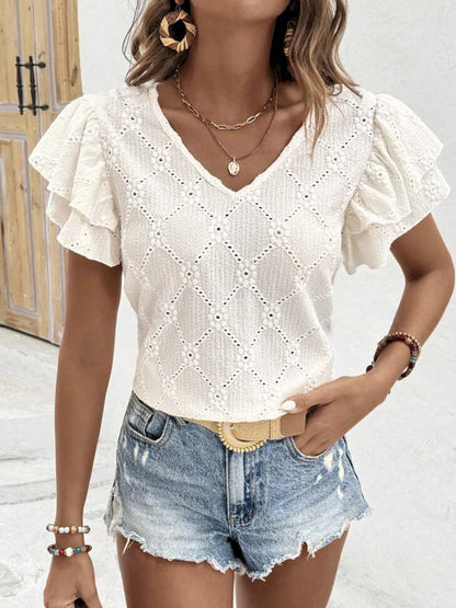 Casual Solid Color Double-layer Ruffle Sleeve V-neck Hollow Top