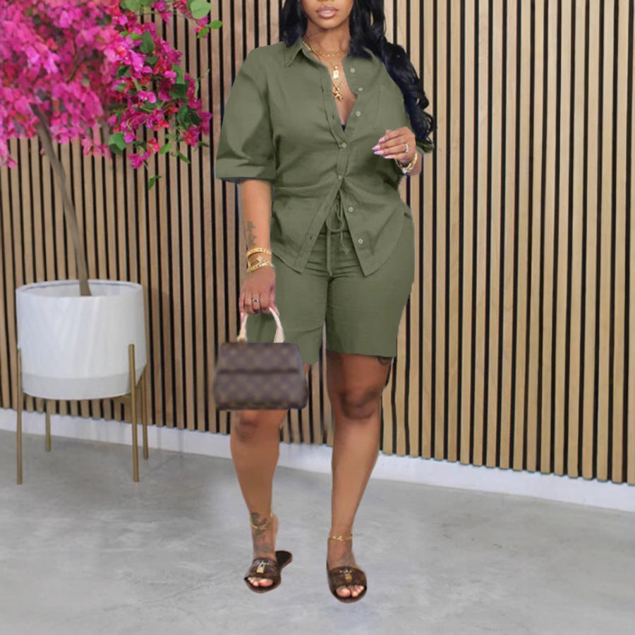 Fashion Solid Color Short Sleeve Shirt And Shorts Suit - Enfance-Heureuse