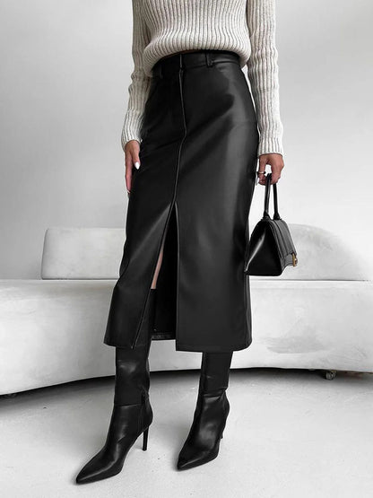 Autumn And Winter European And American Retro Leather Leather Skirt Split Skirt - Enfance-Heureuse