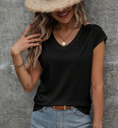 Women's Solid Color And V-neck Short Sleeve Loose - Enfance-Heureuse