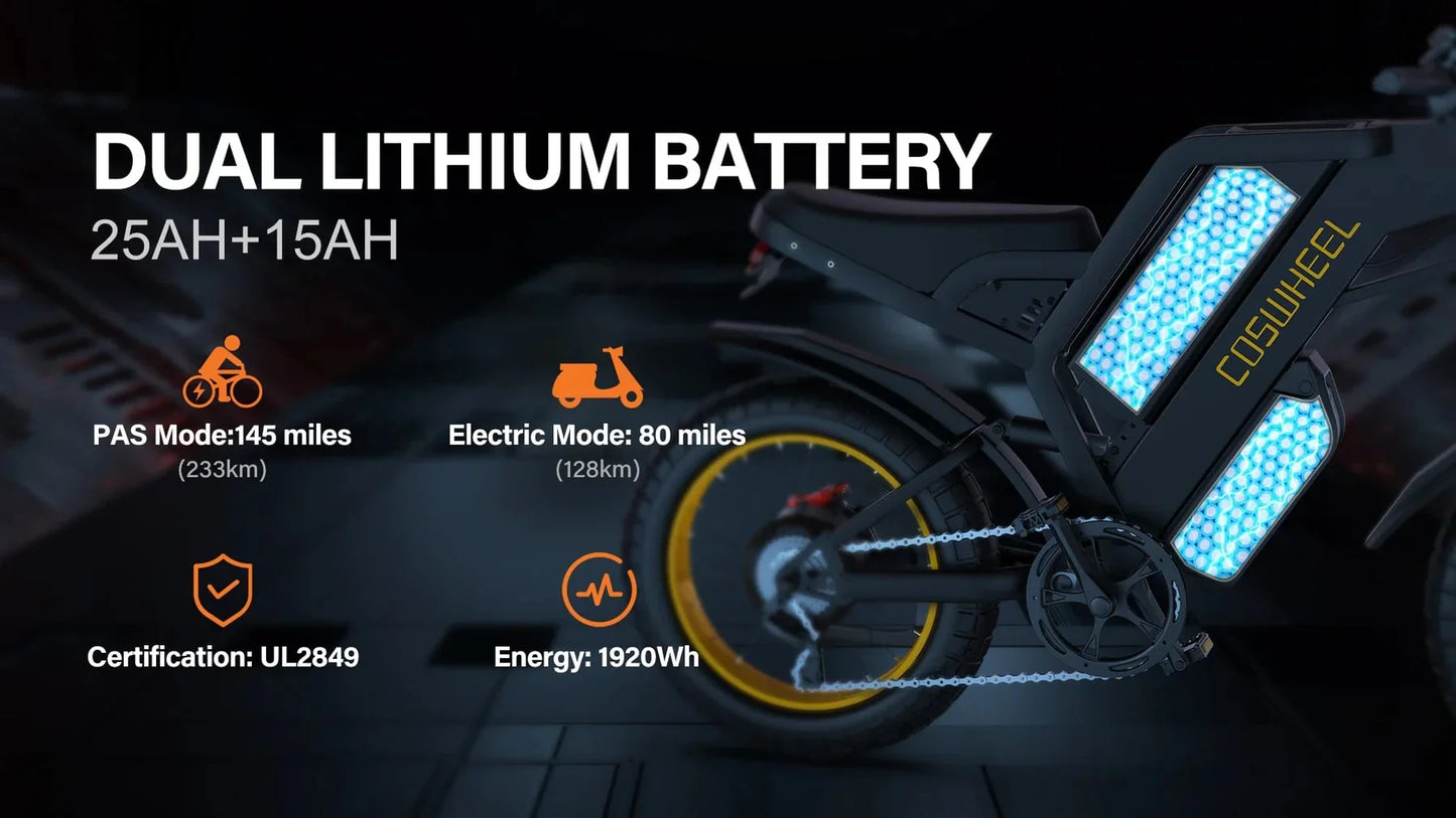 Bicicleta eléctrica Coswheel GT20 PRO de 3000 W, todoterreno, 48 V, 40 Ah, motor dual, batería dual, bicicleta de montaña, neumáticos anchos