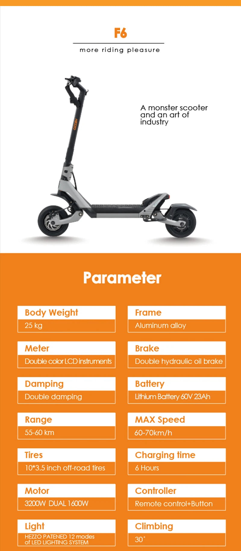 HEZZO F6 Electric Scooter 60V 1600W Dual Motors 10inch Off-road Folding Escooter 23AH Lithium Battery Long Range Full Suspension - Enfance-Heureuse