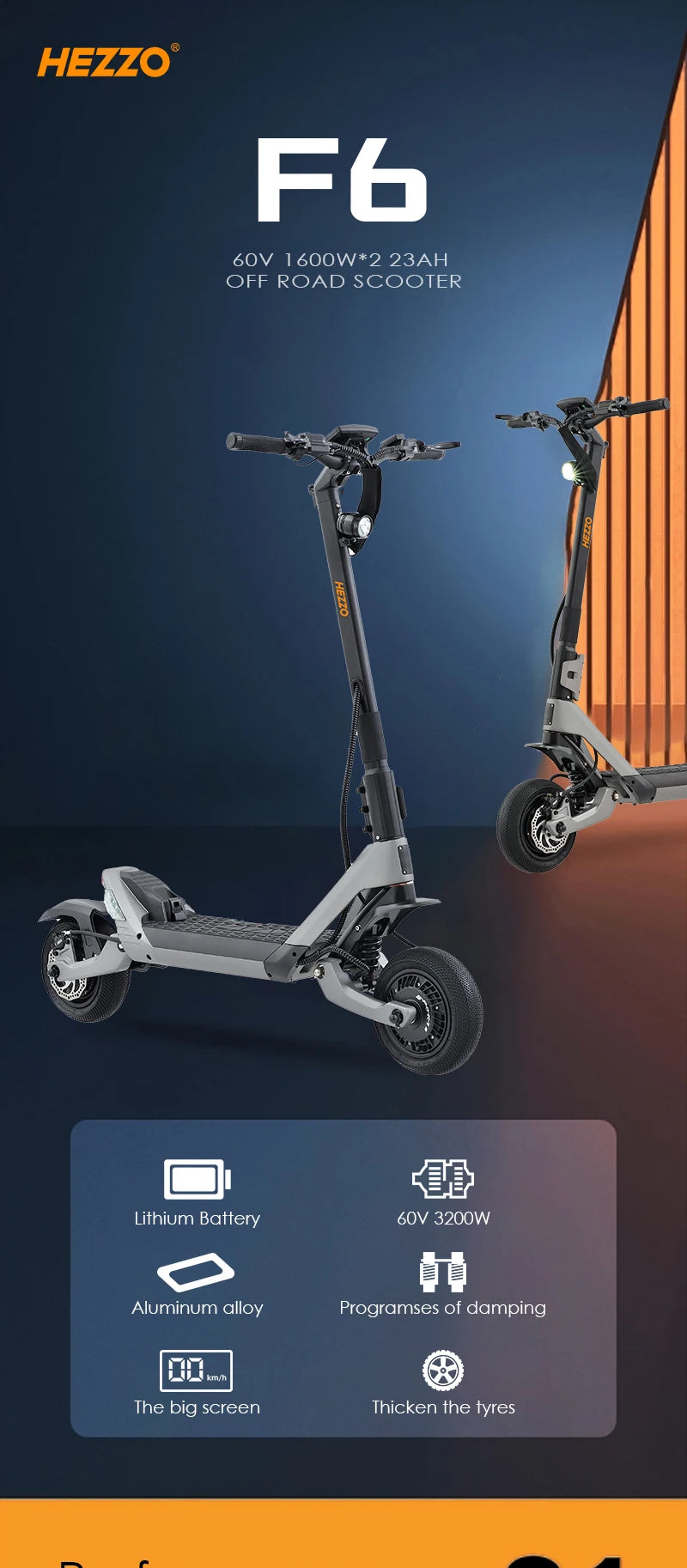 HEZZO F6 Electric Scooter 60V 1600W Dual Motors 10inch Off-road Folding Escooter 23AH Lithium Battery Long Range Full Suspension - Enfance-Heureuse