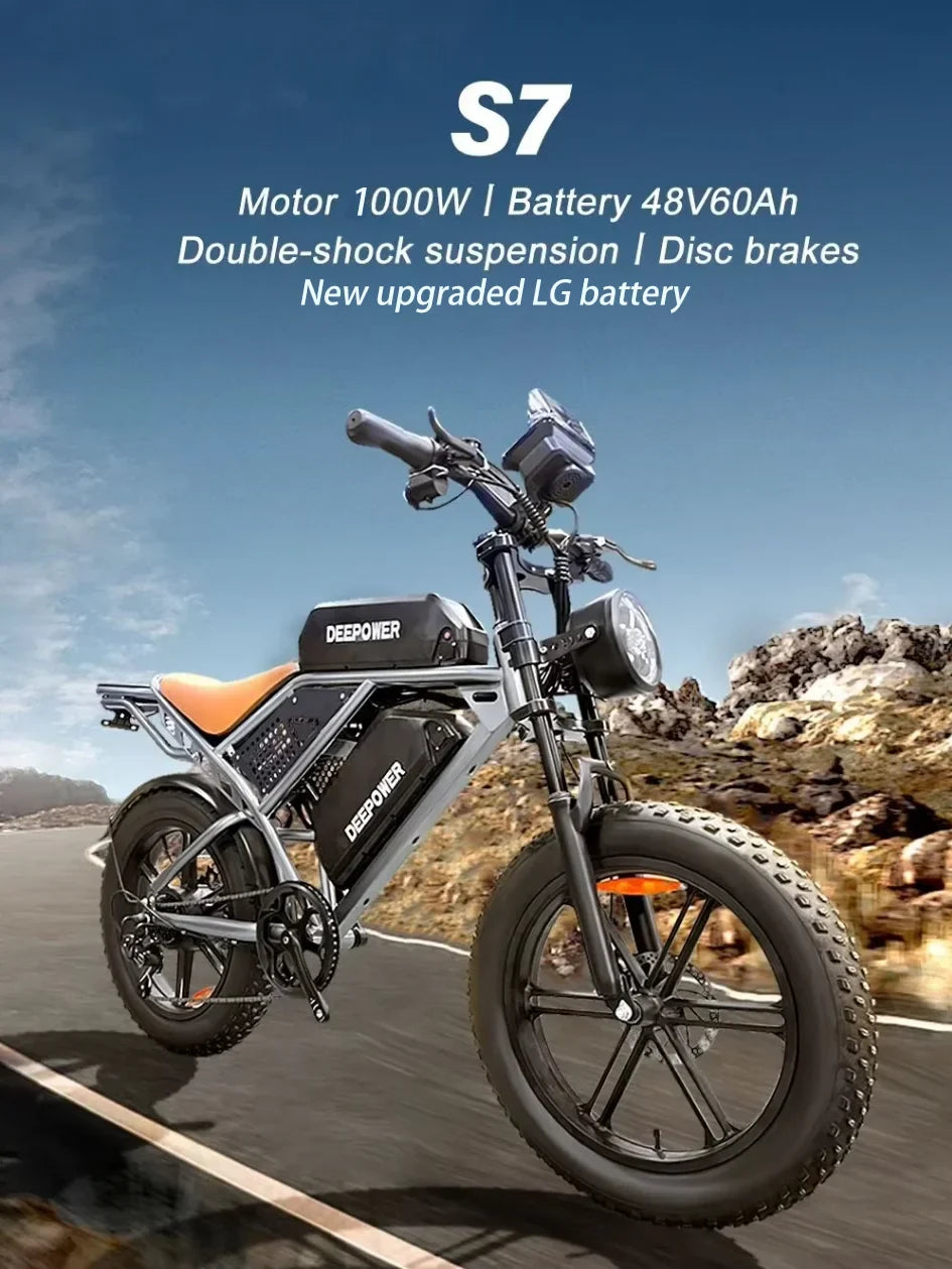 Bicicleta eléctrica todoterreno DEEPOWER S7 para adultos con motor de 1000 W, batería LG de 48 V y 60 Ah, estilo motocicleta todoterreno.