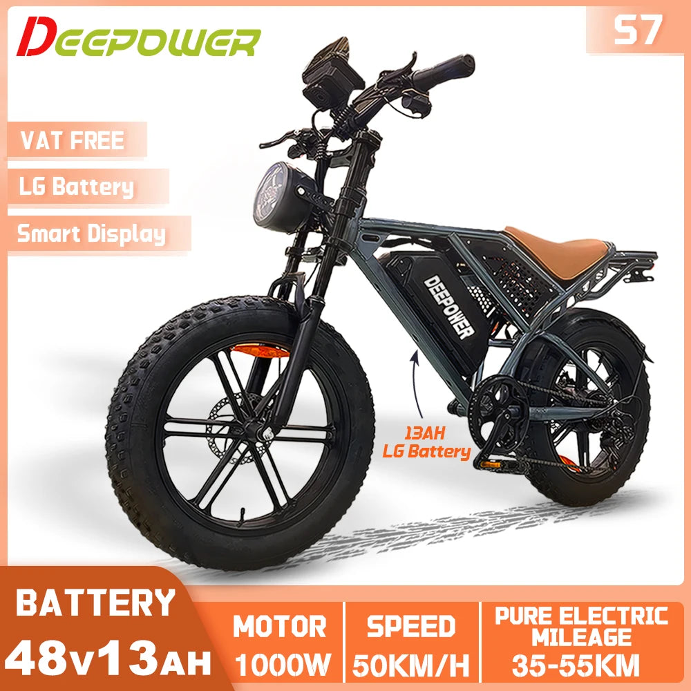 DEEPOWER S7 Off-Road Electric Bike for 1000W Motor Adults Mountain Ebike with 48V 60AH LG Battery All-Terrain Motorcycle Style - Enfance-Heureuse