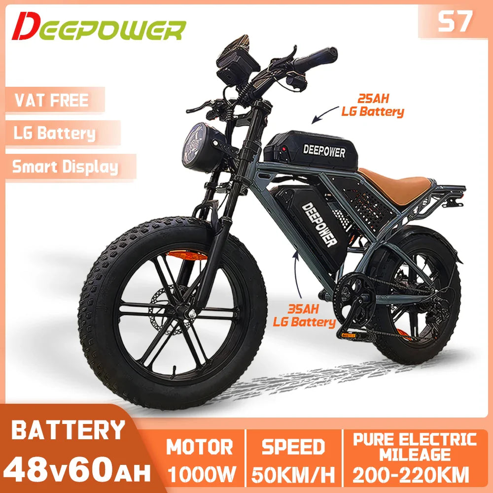 Bicicleta eléctrica todoterreno DEEPOWER S7 para adultos con motor de 1000 W, batería LG de 48 V y 60 Ah, estilo motocicleta todoterreno.