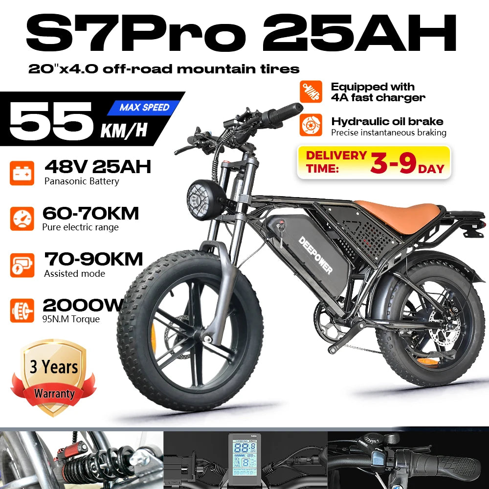 DEEPOWER S7Pro Electric Bike for Adults, 48V, 60Ah,Dual Battery, 20''x4.0 Fat Tires,Snow Mountain E-Bike, 2000W Electric Bicycle - Enfance-Heureuse