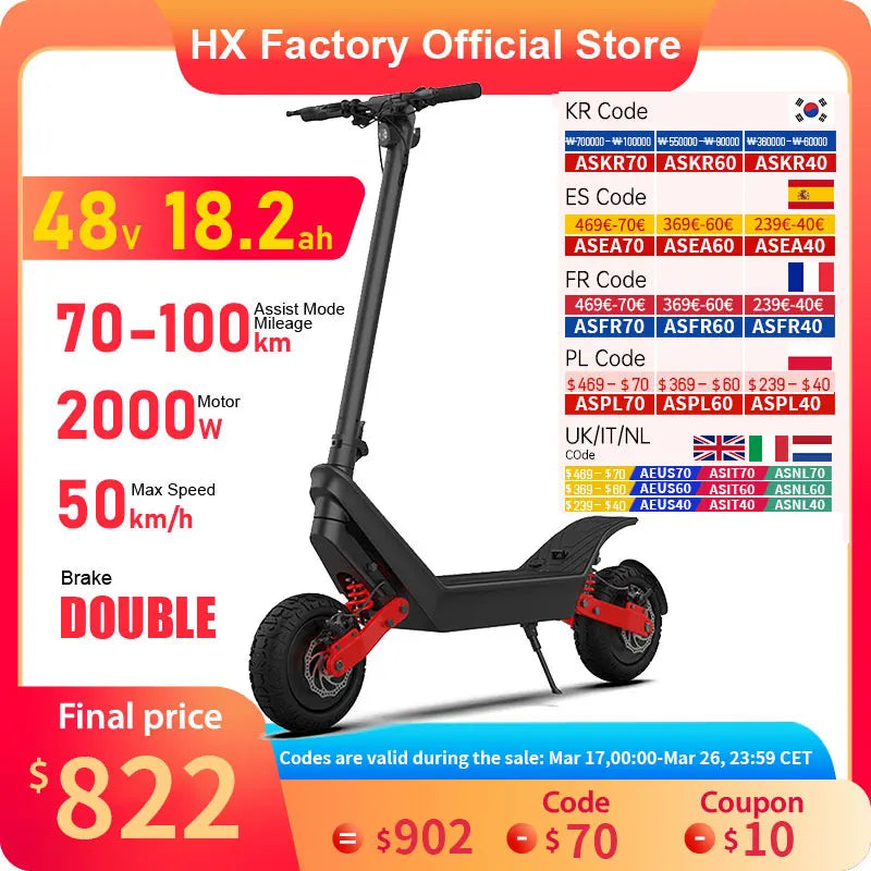 HX X10 18.2AH Electric Scooter 2000W 50KM/H Foldable Electric Kick E Scooter Dual Motors 11 Inch Escooter for Adults - Enfance-Heureuse