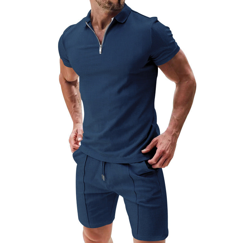 2Pcs Casual Waffle Suit Summer Zipper Lapel Short-sleeved Top And Drawstring Pockets Shorts Versatile Solid Color T-shirt Set For Mens Clothing - Enfance-Heureuse