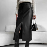Autumn And Winter European And American Retro Leather Leather Skirt Split Skirt - Enfance-Heureuse