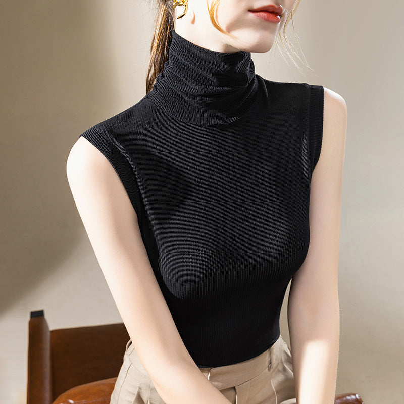 Ladies New Turtleneck Grenadine Solid Color Waist Tight Sleeveless Top - Enfance-Heureuse