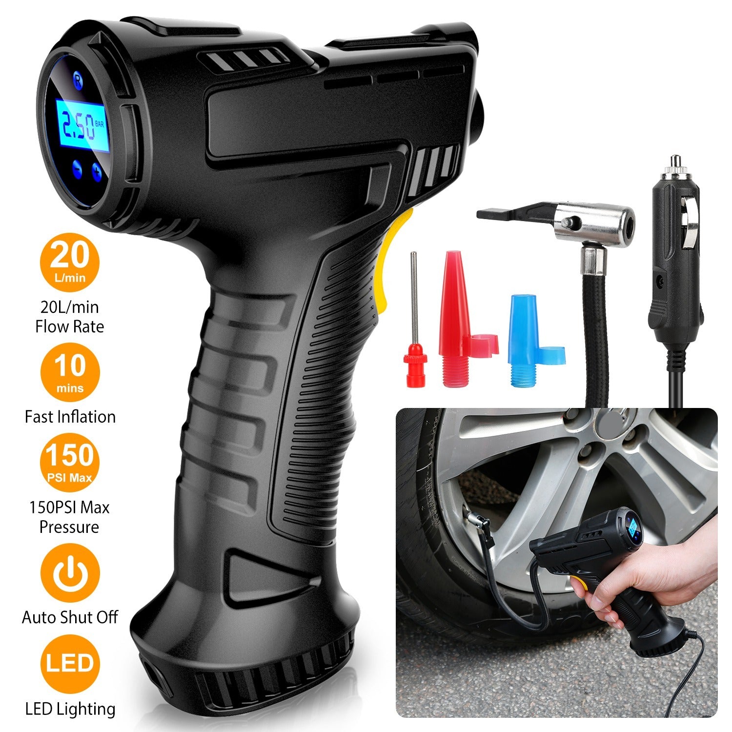 Portable Car Tire Inflator DC 12V Digital Car Air Compressor Electric Air Inflator With LED Light 150PSI - Enfance-Heureuse