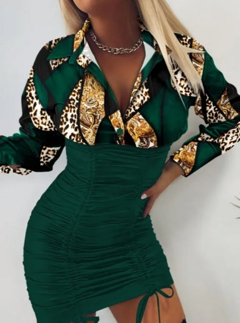 Women's Printed Waist Cinching Drawstring Pleated Hip Hugging Dress - Enfance-Heureuse