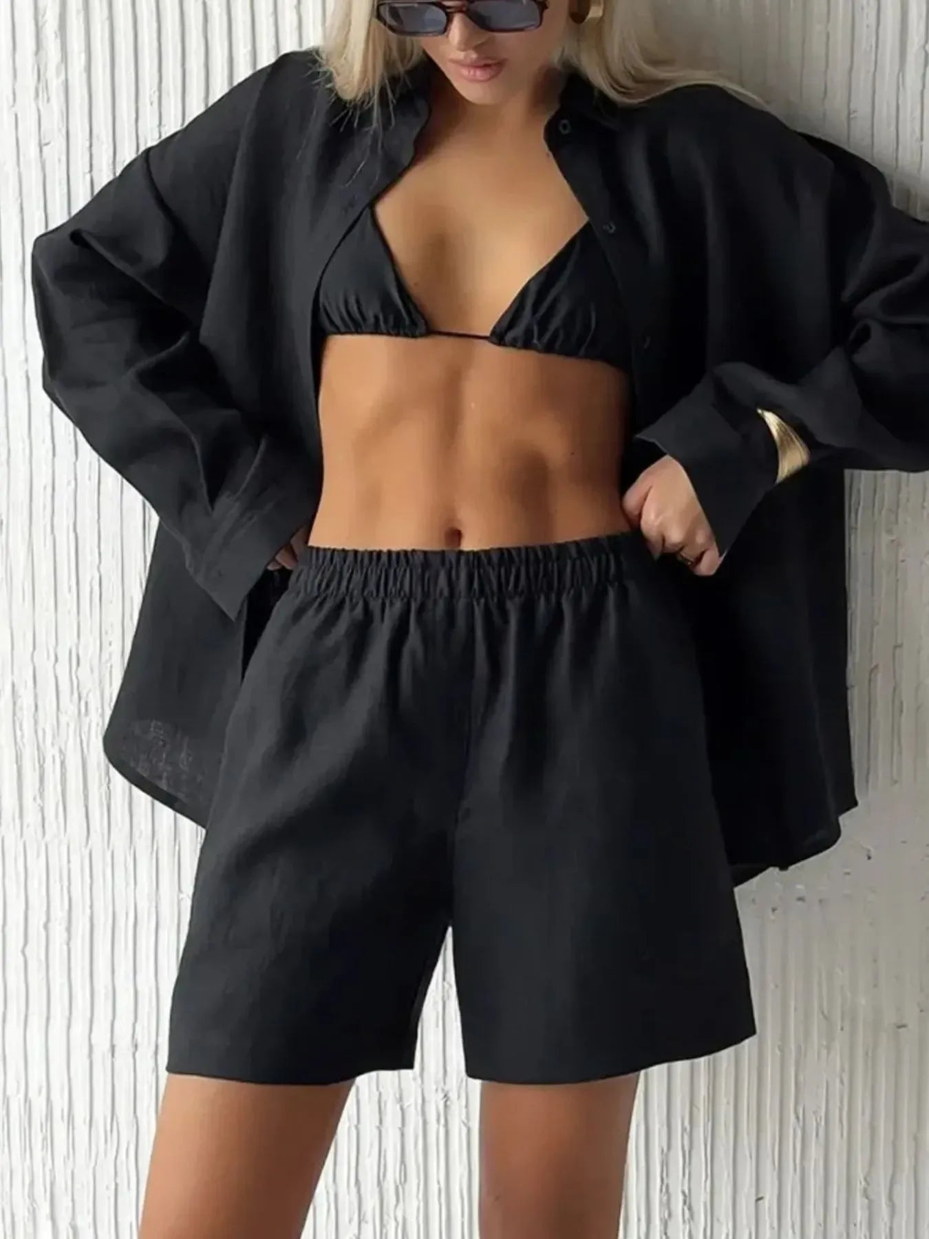 Button Up Long Sleeve Shirt and Shorts Set - Enfance-Heureuse