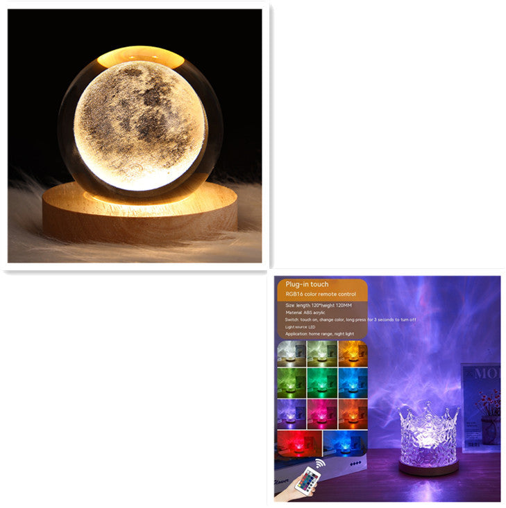 LED Water Ripple Ambient Night Light USB Rotating Projection Crystal Table Lamp RGB Dimmable Home Decoration 16 Color Gifts - Enfance-Heureuse