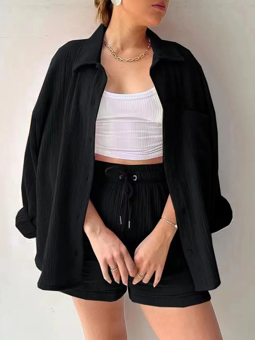 Texture Button Up Shirt and Drawstring Shorts Set - Enfance-Heureuse