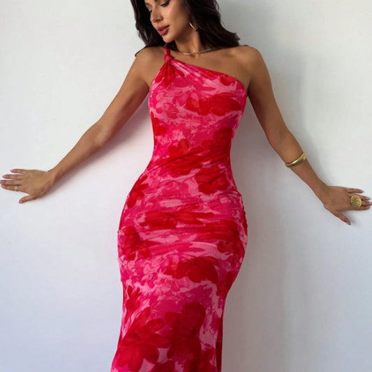 European And American Style Irregular Pattern Print Shoulder Belt Sling Dress Women - Enfance-Heureuse