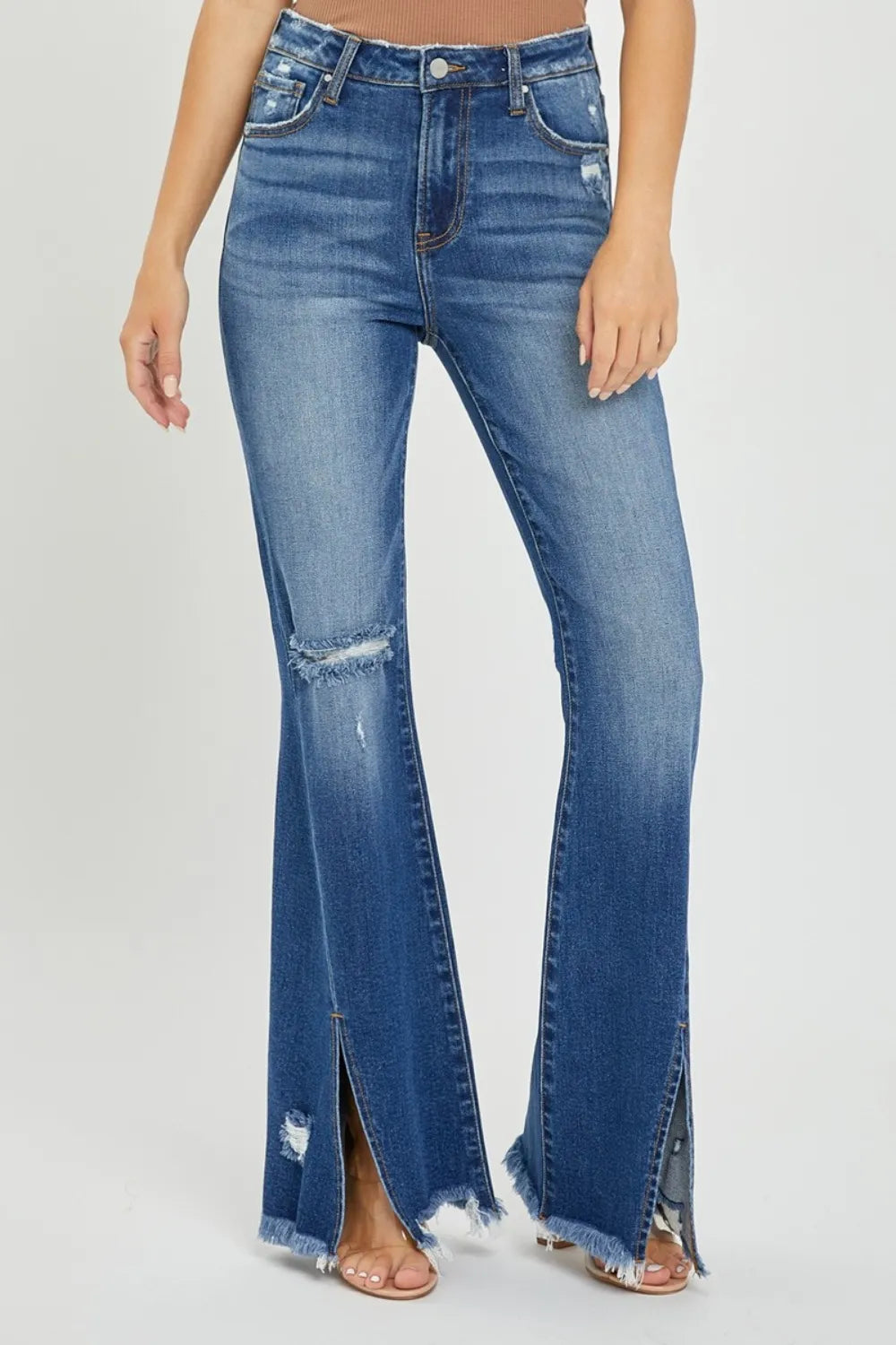 RISEN Full Size High Rise Front Slit Frayed Hem Flare Jeans - Enfance-Heureuse