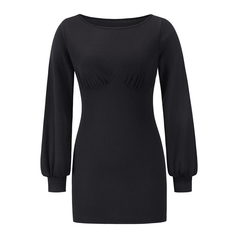 Knit Bottoming Long-sleeved Ribbed Sexy Slim Dress - Enfance-Heureuse