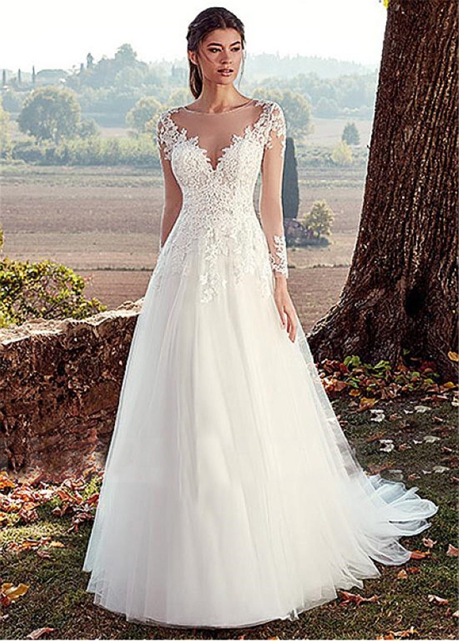 High U-neck Lace Long Sleeve A- Line Long Tail Simple Wedding Dress - Enfance-Heureuse