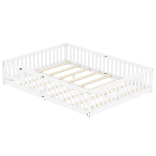 Queen Size Bed Floor Bed With Safety Guardrails And Door For Kids, White - Enfance-Heureuse