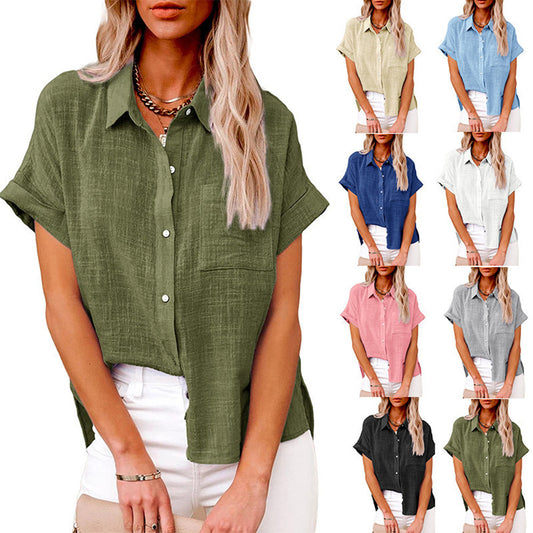 Summer Lapel Short Sleeve Shirt With Pockets Fashion Casual Solid Color Button Tops Women's Clothing - Enfance-Heureuse