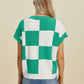 Double Take Full Size Checkered Round Neck Short Sleeve Sweater