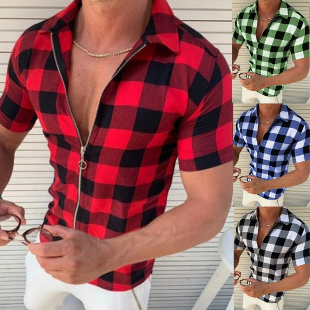 Plaid T Shirt Mens Zipper Short Sleeve Shirts Summer Men Clothing - Enfance-Heureuse