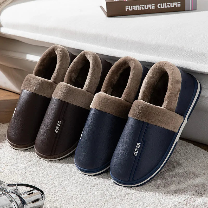 Leather Slippers Waterproof Thick Bottom Indoor Non-slip Warm Shoes - Enfance-Heureuse