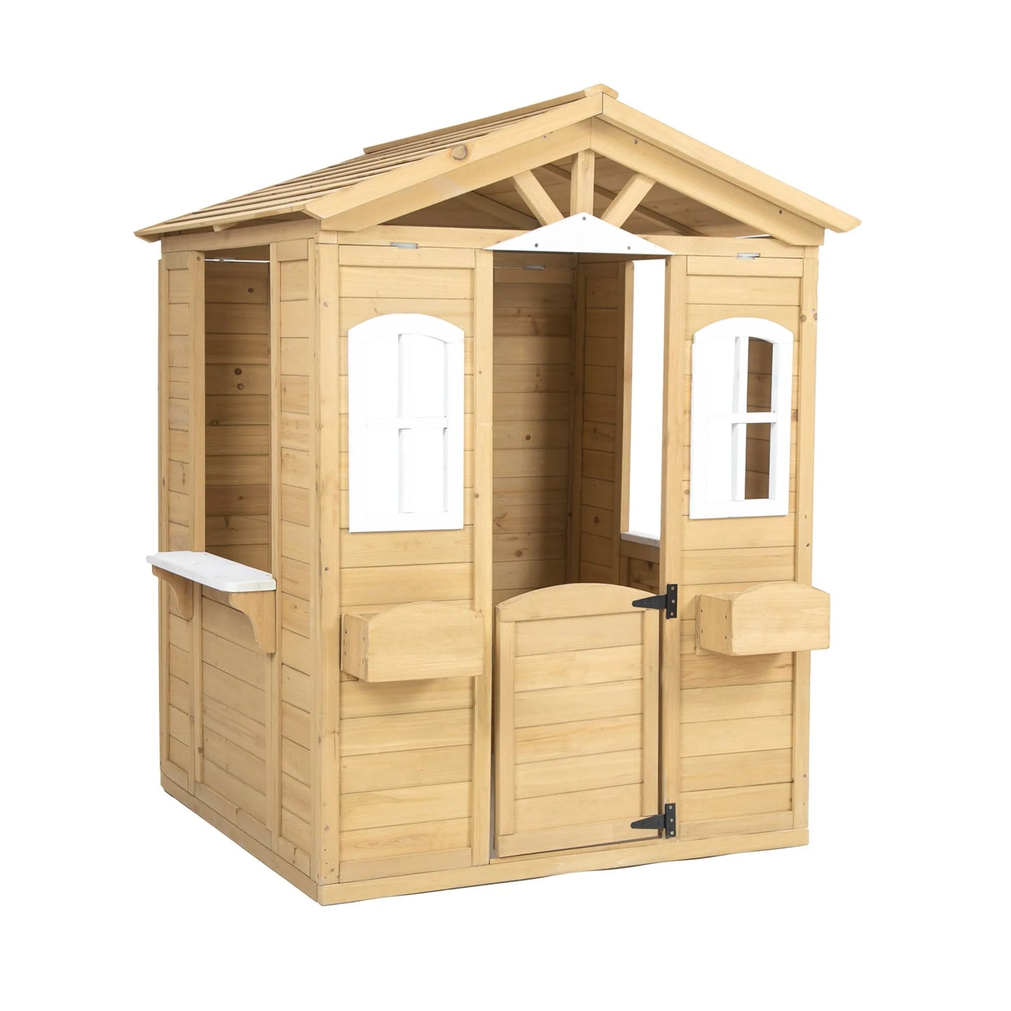 Wooden Outdoor Playhouse For Children With Work Doors, Windows, Mailbox, Flower Pot Stand - Enfance-Heureuse