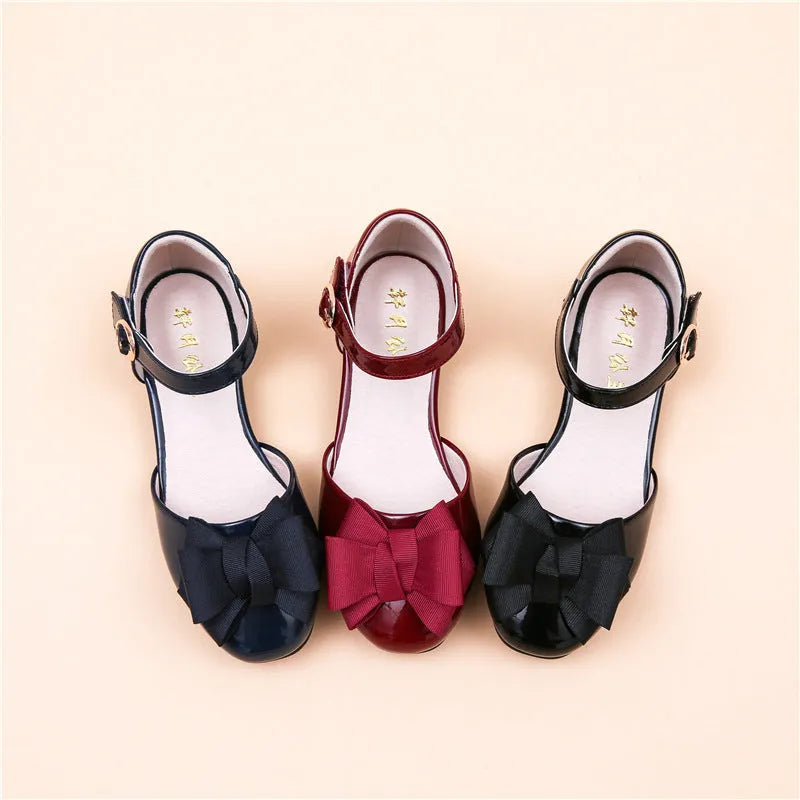 Big Kids' Hollow Velcro Patent Leather Shoes With Bow - Enfance-Heureuse