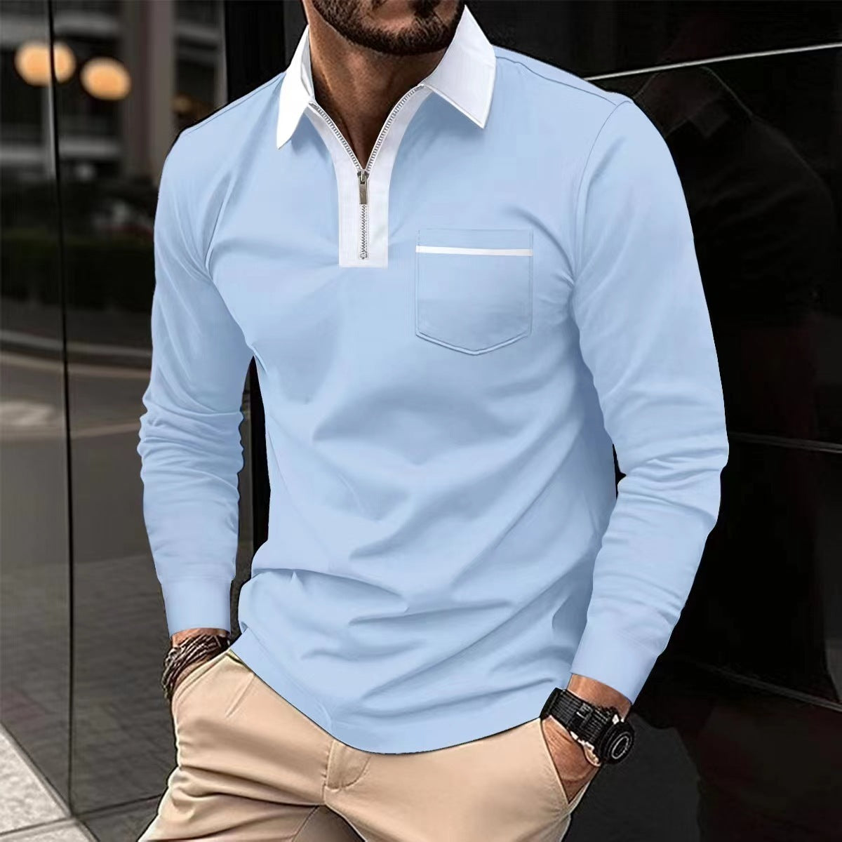 2024 Autumn Mens Long Sleeve Zipper Polo Shirts Casual Lapel Collar Zip Up Henley Shirts Cotton Sports Golf Tennis T-Shirts With Pockets - Enfance-Heureuse