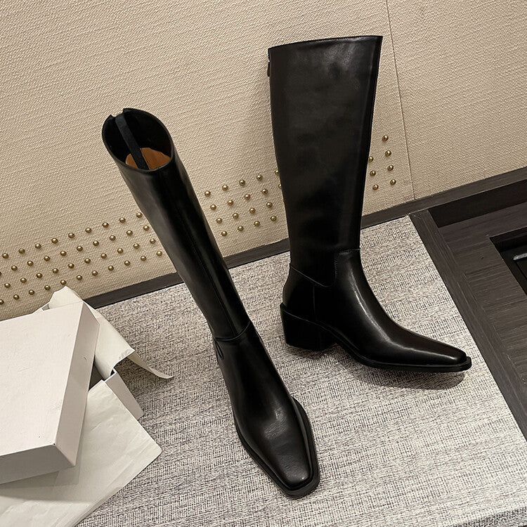 Botas altas de piel de vaca blanca con punta cuadrada, tacón medio y tacón grueso, estilo británico, con cremallera trasera