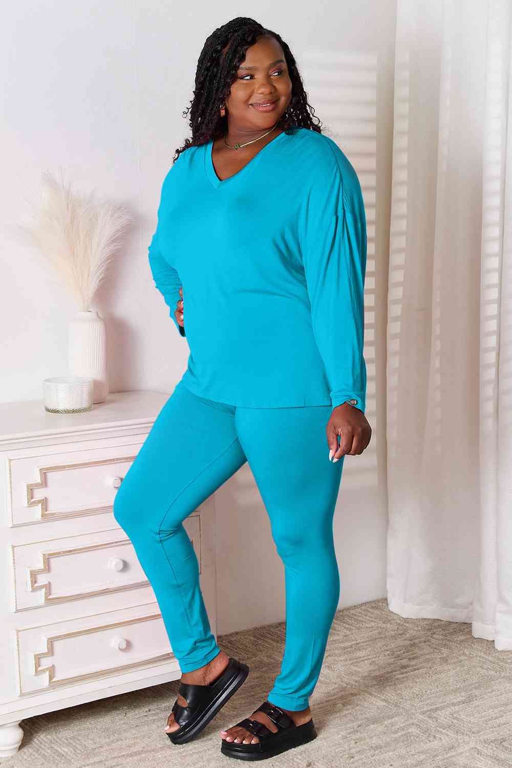 Basic Bae Full Size V-Neck Soft Rayon Long Sleeve Top and Pants Lounge Set - Enfance-Heureuse