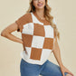 Double Take Full Size Checkered Round Neck Short Sleeve Sweater
