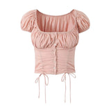 Women's Drawstring Lace Shell Button Fashionable All-match Short Top - Enfance-Heureuse