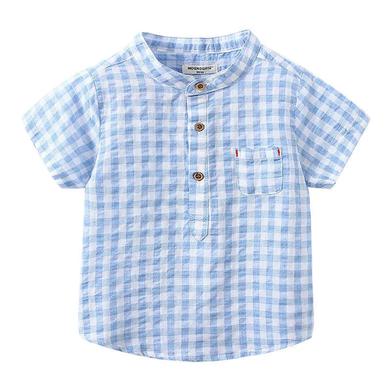 Children's Cotton Blue Short-sleeved Shirt Fashion Casual Short-sleeved Plaid Shirt - Enfance-Heureuse