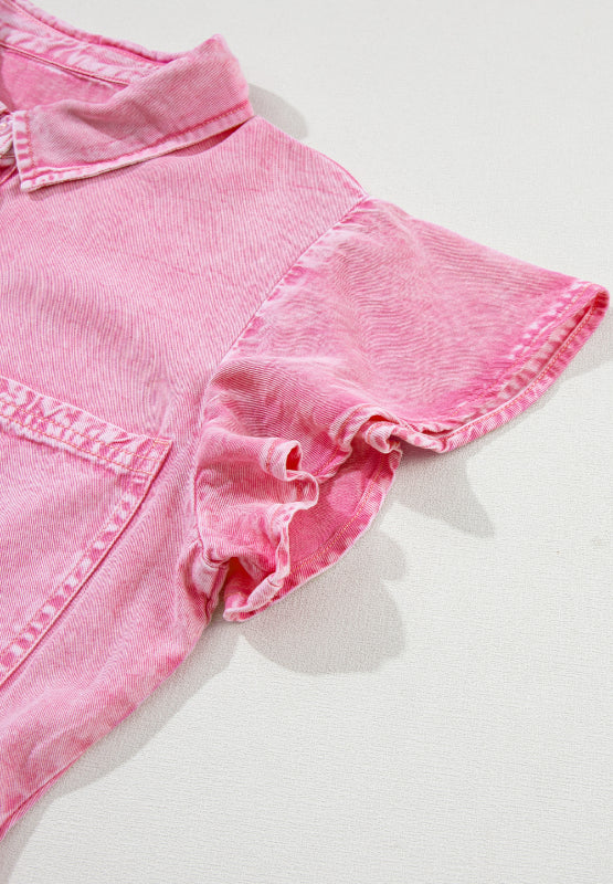 Collared Neck Button Down Mini Denim Dress - Enfance-Heureuse