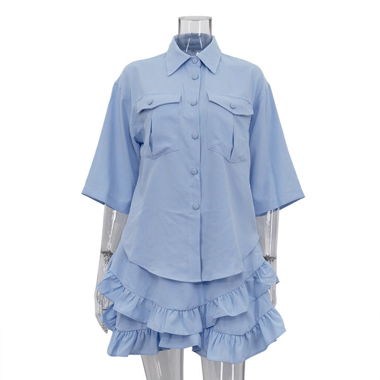 Ruffled Tiered Skirt Lapel Short-sleeved Shirt Two-piece Set - Enfance-Heureuse