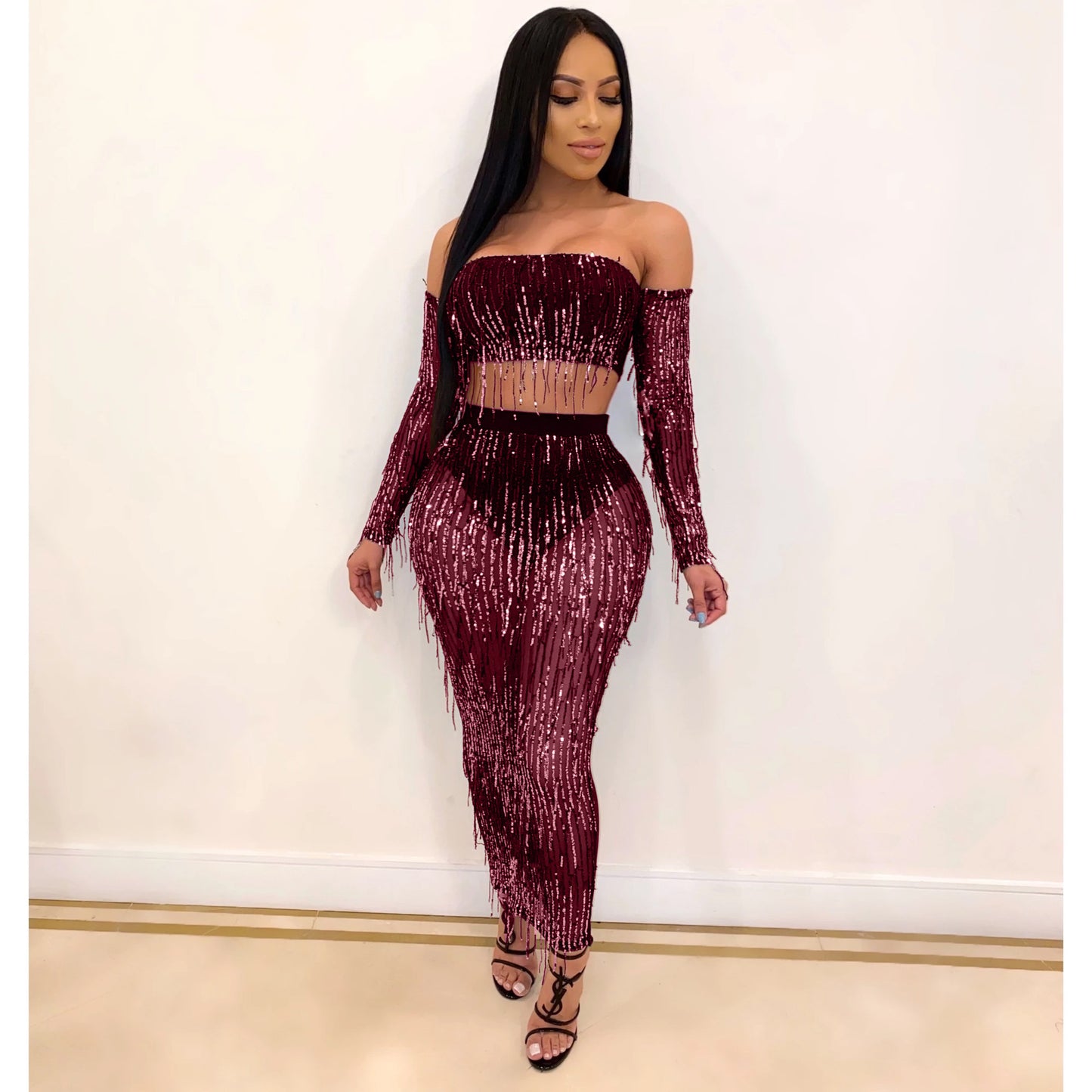Fashion Sexy See-through Mesh Sequins Tassel Two-piece Set - Enfance-Heureuse