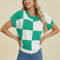 Double Take Full Size Checkered Round Neck Short Sleeve Sweater