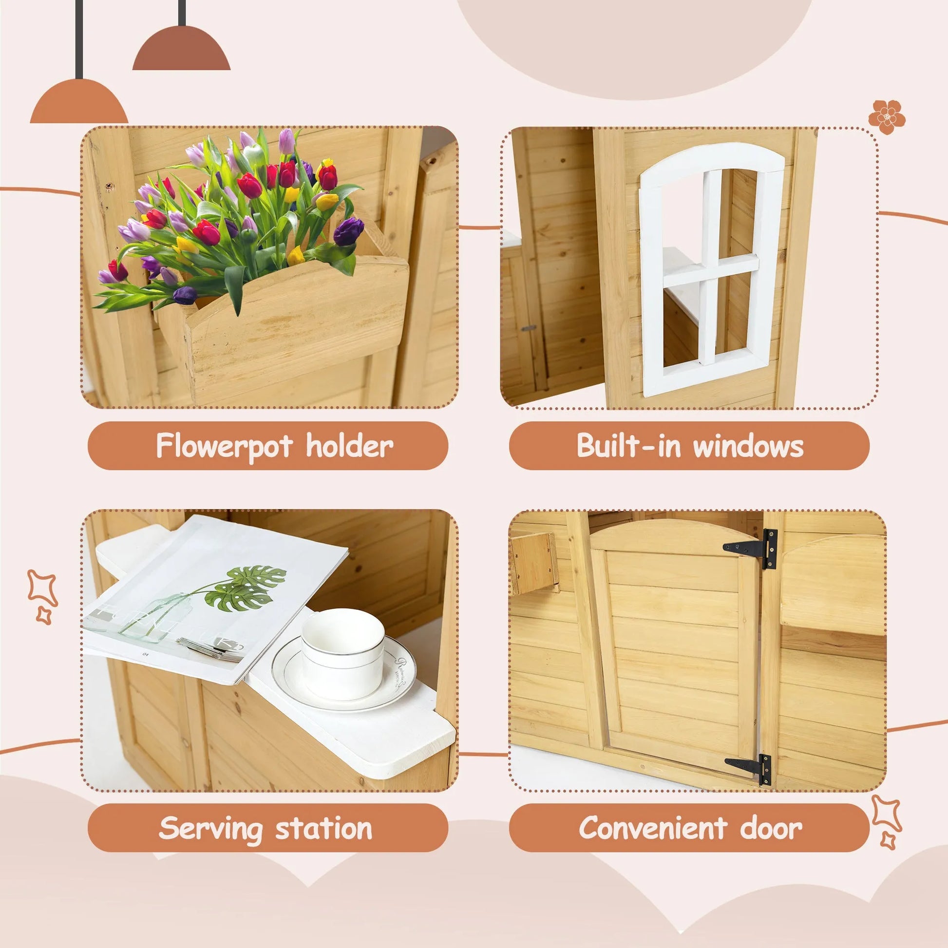 Wooden Outdoor Playhouse For Children With Work Doors, Windows, Mailbox, Flower Pot Stand - Enfance-Heureuse