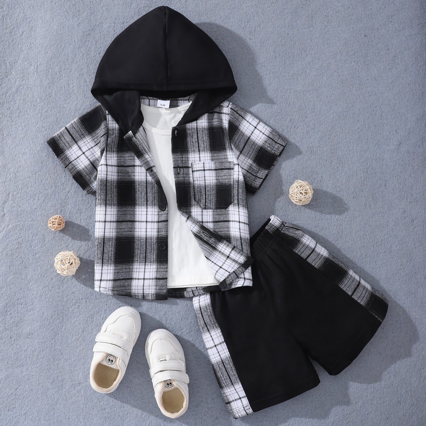 Fashion Children's Short Sleeve Hooded Plaid Suit - Enfance-Heureuse