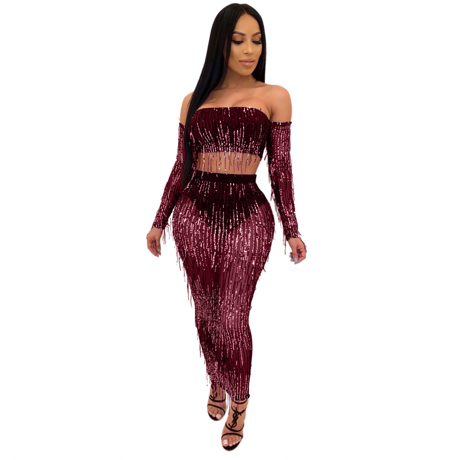 Fashion Sexy See-through Mesh Sequins Tassel Two-piece Set - Enfance-Heureuse