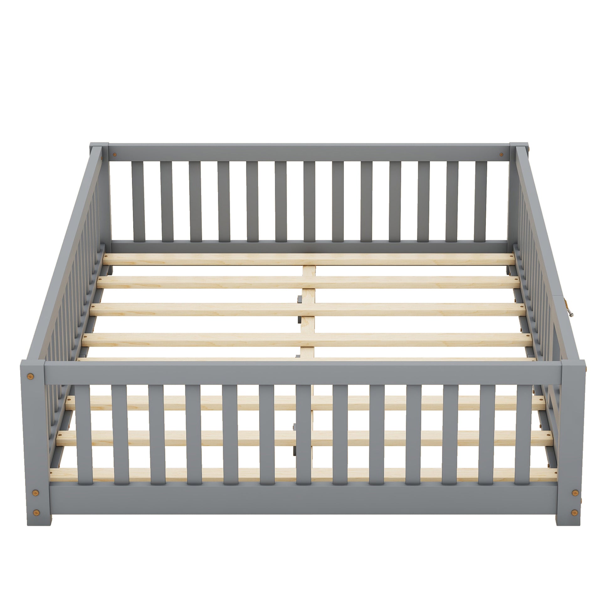 Full Size Bed Floor Bed With Safety Guardrails And Door For Kids, Gray - Enfance-Heureuse