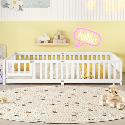 Queen Size Bed Floor Bed With Safety Guardrails And Door For Kids, White - Enfance-Heureuse
