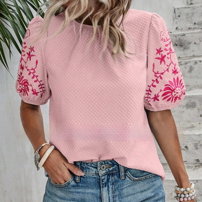 Women's SpringSummer Embroidered Crew Neck Bubble Short Sleeve Shirt Top - Enfance-Heureuse